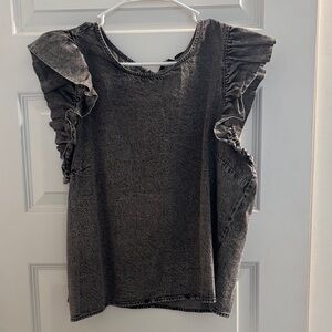 Ruffled Sleeve Gray Denim Top